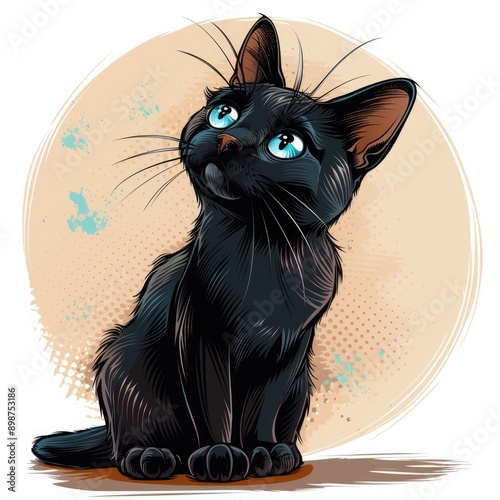 Cartoon black cat on a white background, graphic style, capturing a cute and funny animal portrait with distinctive fur details.