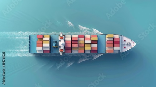 Top view cargo ship navigation in pastel 3D render, Import-export logistics, flat design for modern shipping concepts