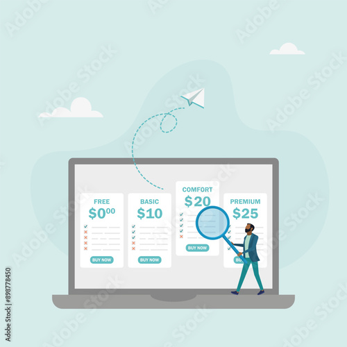 Tariff plan options for online services. Business pricing table. The character chooses a plan type. Vector illustration. 