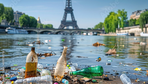 Illustration of sewage pollution in the Seine river in Paris. Water quality fear. Generated AI. Not the actual event 