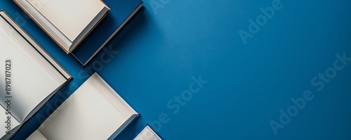 Stack of blue books with white pages against a vibrant blue background