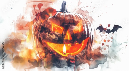 haloween pumpkin jek smiling with candel inside, the bat is on it Digital illustration, white background, watercolour style --ar 9:5 --stylize 50 Job ID: bcf1aa2c-8781-4417-810a-0f32dd96d2e1