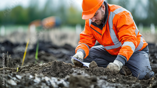 Photo of a geotechnical engineer examining soil samples