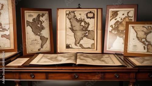 Antique Map Collection Displayed on a Wooden Table with Detailed Vintage Cartography