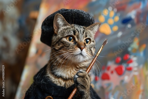 Charming tabby cat wearing an artist's beret and holding a paintbrush, background filled with colorful paint strokes.