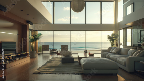 3d rendering presentation high ceiling loft living room that is opened to the water view in luxury modern oceanside sea view background vacation home