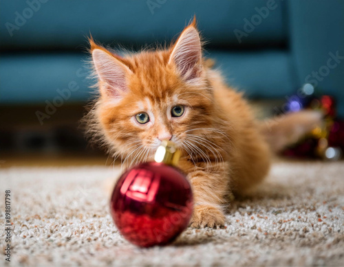 Um gato ruivo filhote muito peludo, brincando com uma bola de natal vermelha, no tapete da sala.