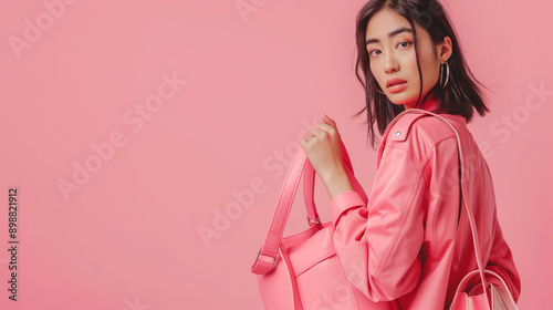 Present our fashionable handbag range, with an Asian girl holding a chic bag on a pastel pink background.