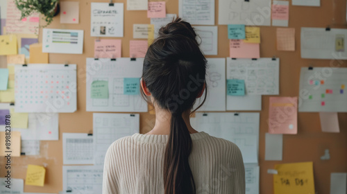 Highlight our smart office scheduling software, with an Asian girl managing her calendar on a light brown background.