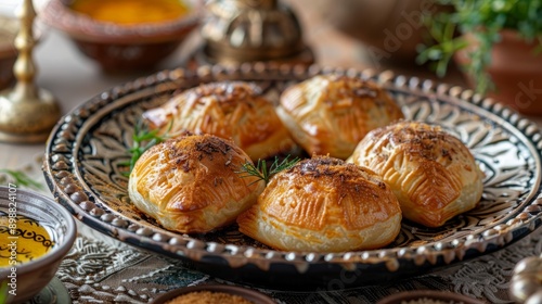 Freshly baked moroccan mini bastella filled with chicken on decorative platter