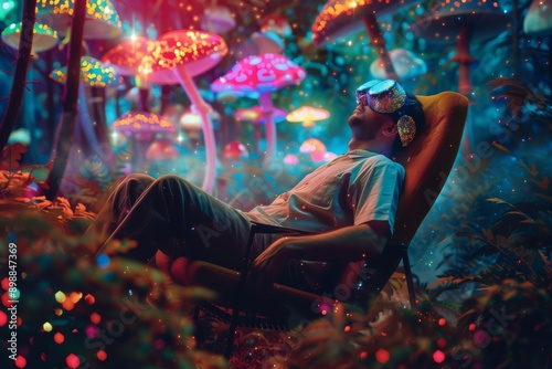 A man relaxing in an armchair having a psychedelic experience to treat mental health issues - AI Generated