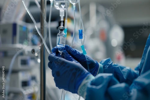 Close-up shot of hands in blue gloves holding an IV bag - AI Generated