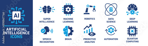 Artificial intelligence icon collection. Super intelligence, machine learning, robotics, data science, deep learning, ralated. Vector solid collection of icons.