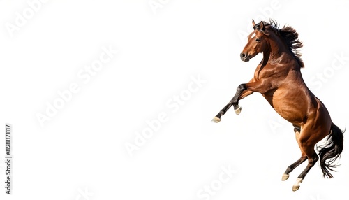 Bucking bronc bronco horse with mane and tail hair showing movement. Front legs in air, wild free attitude. isolated on white background with copy space