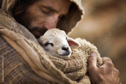 A close-up of Jesus Christ holding a lamb with an expression of deep compassion and serenity on his face. A lamb nestled in the arms of Jesus.