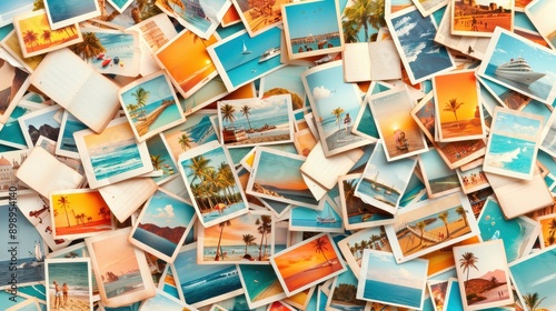 A vibrant collection of travel photos depicting scenic beaches, palm trees, and various vacation destinations, scattered randomly on a flat surface, evoking wanderlust.