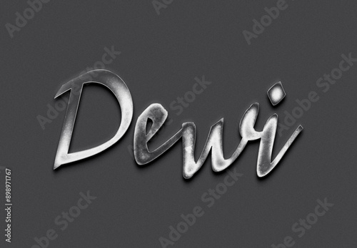 Chrome metal 3D Indonesian name design of Dewi on grey background.