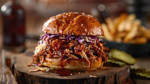 a pulled pork sandwich with cole slaw and pickles on a wooden board