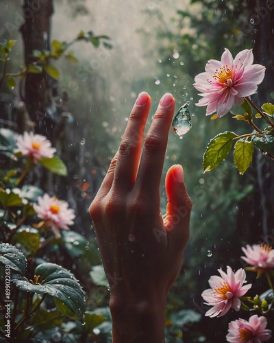 une main tendue vers une fleur rose dans un jardin. La fleur est partiellement masquée par les gouttes de pluie et l'arrière-plan est flou.