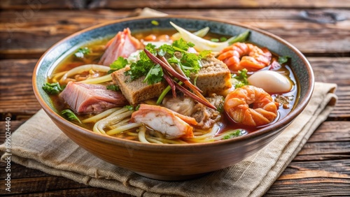 Savory Cambodian Phnom Penh noodle soup overflows with tender prawns, soft cabbage, crunchy shallots, and rich pork bone broth, featuring blood, liver, and heart.