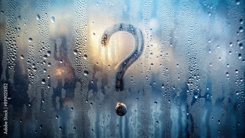 Mysterious question mark forms on fogged glass surface as condensation droplets merge, blurring the background, creating an intriguing abstract composition with eerie ambiance.