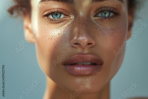 closeup beauty portrait of a radiant woman with flawless skin soft diffused lighting dewey complexion and natural makeup emphasize a fresh healthy glow