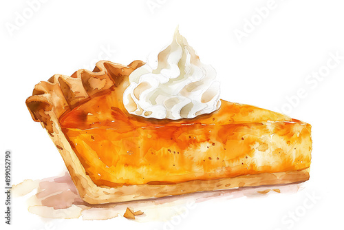 Watercolor illustration of a slice of pumpkin pie topped with whipped cream, capturing the delicious essence of a classic fall dessert.