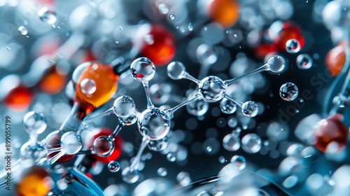 Detailed closeup of oil molecules in water, aqua, scientific artistry