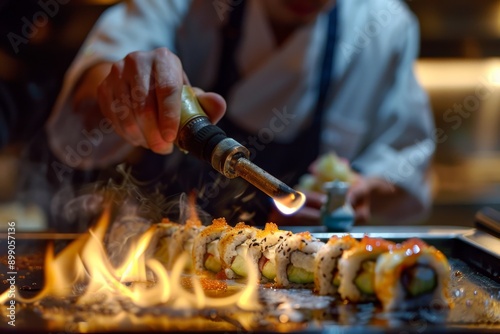 Sushi Chef Torching a Plate of Sushi Rolls