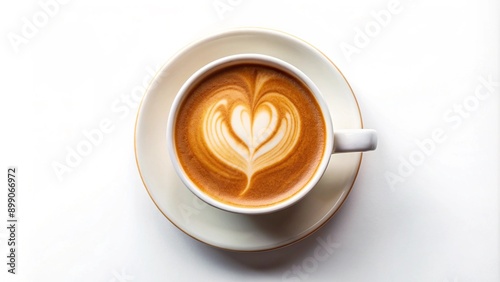 Top view image of a coffee cup with heart-shaped latte art on a white background