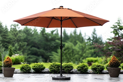 A black-based patio umbrella providing shade for outdoor seating area.