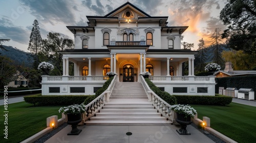 Elegant Victorian mansion with intricate detailing, a grand staircase, and lavishly decorated interiors, set in a historic neighborhood