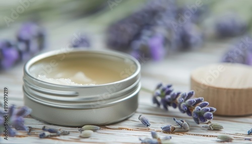 A tin of homemade lip balm with a wooden lid, surrounded by fresh lavender and beeswax