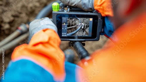 Professional Sewer Inspection Technician Using Camera Equipment in Residential Pipe - Bright Real-Time Monitoring