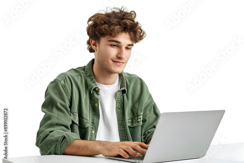 Handsome young man using laptop isolated on white