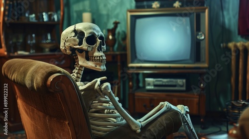 A skeleton sits in a vintage armchair, staring intently at an old television set. This image symbolizes the passing of time, the inevitability of death, and the enduring appeal of entertainment.