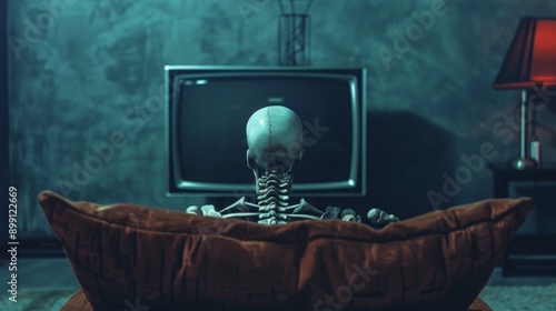 A skeleton sits on a couch, watching television, symbolizing the passing of time, the inevitability of death, the emptiness of entertainment, the loneliness of modern life, and the fragility of life.