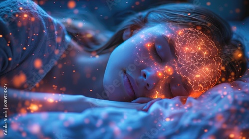 A serene figure sleeping with a glowing brain overlay, representing deep biochemistry interactions during REM sleep, pastel colors