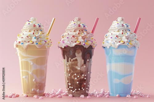 Cute frappuccino with colorful cups and sprinkles, cartoon style, different designs, 3D rendering , created by ai