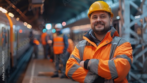 Confident Railway Worker in Orange Uniform at Train Station