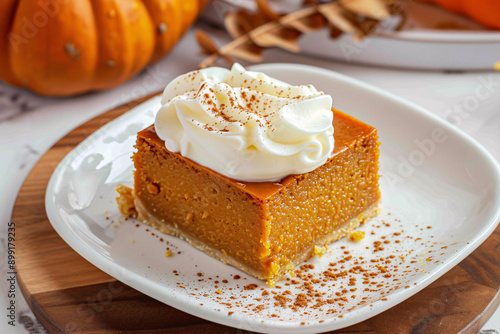 Traybaked pumpkin pie slice with cream on plate