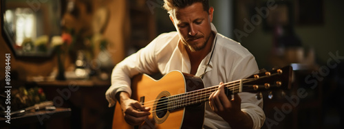 bearded man is sitting at home next to the window and playing the acoustic guitar