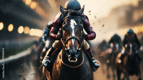 Two jockeys during horse races on his horses going towards finish line. Traditional European sport.