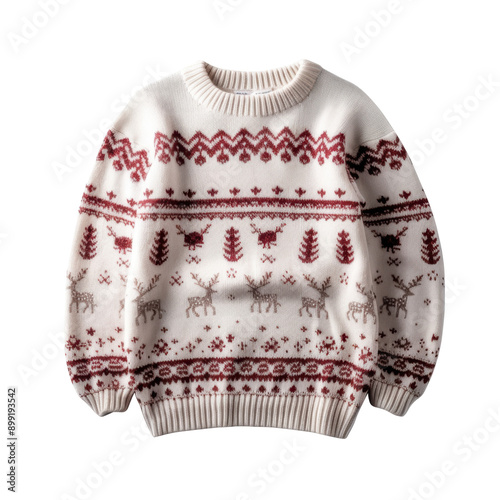 White Christmas sweater with red and brown reindeer, trees, and geometric patterns.