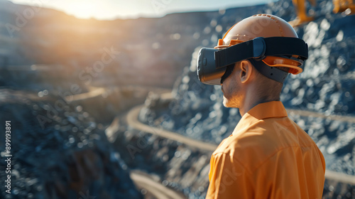 Engineer with VR headset explores open-pit mine. Leveraging virtual reality technology for advanced engineering and mining solutions.