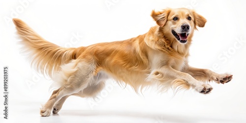 Energetic golden retriever dog leaps into the air, legs outstretched, tail wagging, against a clean white background, capturing carefree joy and playful enthusiasm.