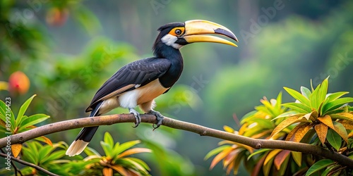 Oriental pied hornbill perched on branch in the wild , bird, wildlife, nature, hornbill, colorful, tropical, exotic, plumage, beak