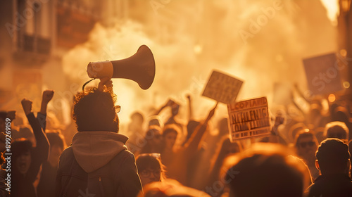 Powerful and Intense Photograph Capturing the Energy and Determination of a Crowded Protest People Raising Their Fists and Holding Signs