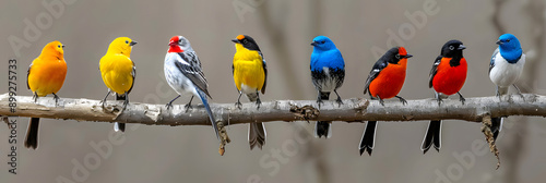 Colorful birds perched on a tree branch in springtime