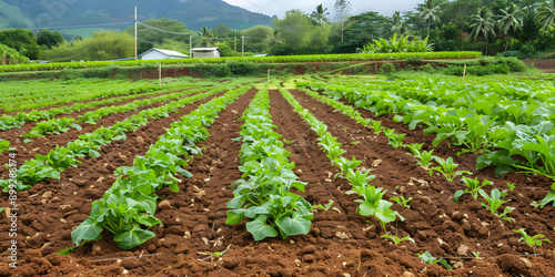 Freshly tilled farm field with rows of crops